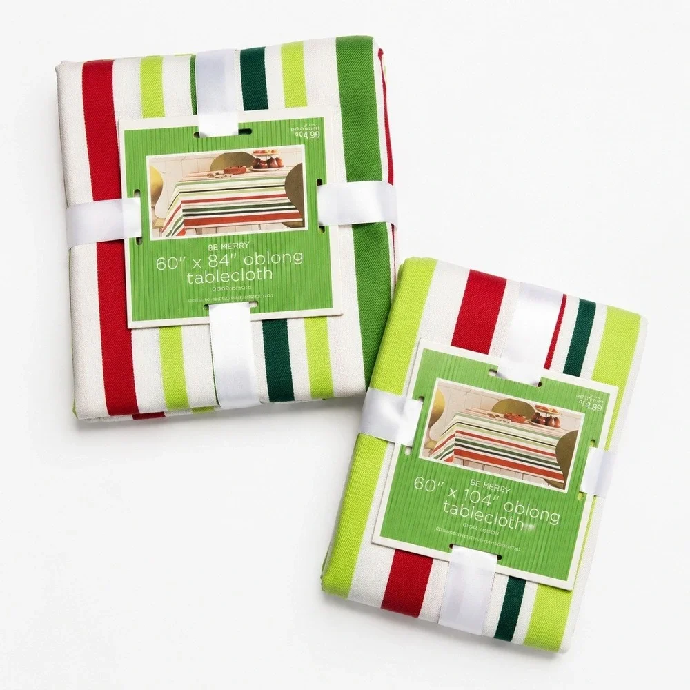 2 Christmas Stripe‎ Oblong Tablecloth Bundle 60x84 & 60x104 NWT